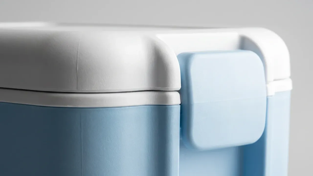 Temperature-Controlled Case: close view of the lid joint, white gasket pressing on a pale blue rim, one blue latch clipped shut, rounded corner