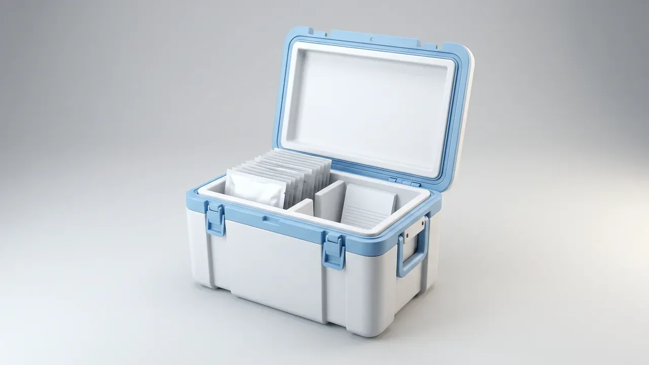 Temperature-Controlled Case: lid open, rows of white panels standing upright inside a pale blue rim, a white divider between them, two blue latches