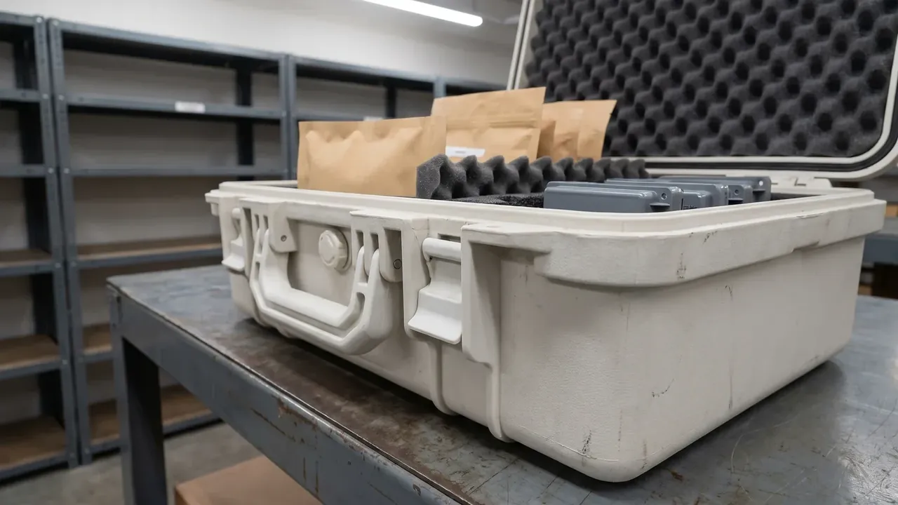 Temperature-Controlled Case: off-white open case on a scratched steel bench, egg-crate foam in the lid, kraft pouches and grey slabs inside, shelving behind