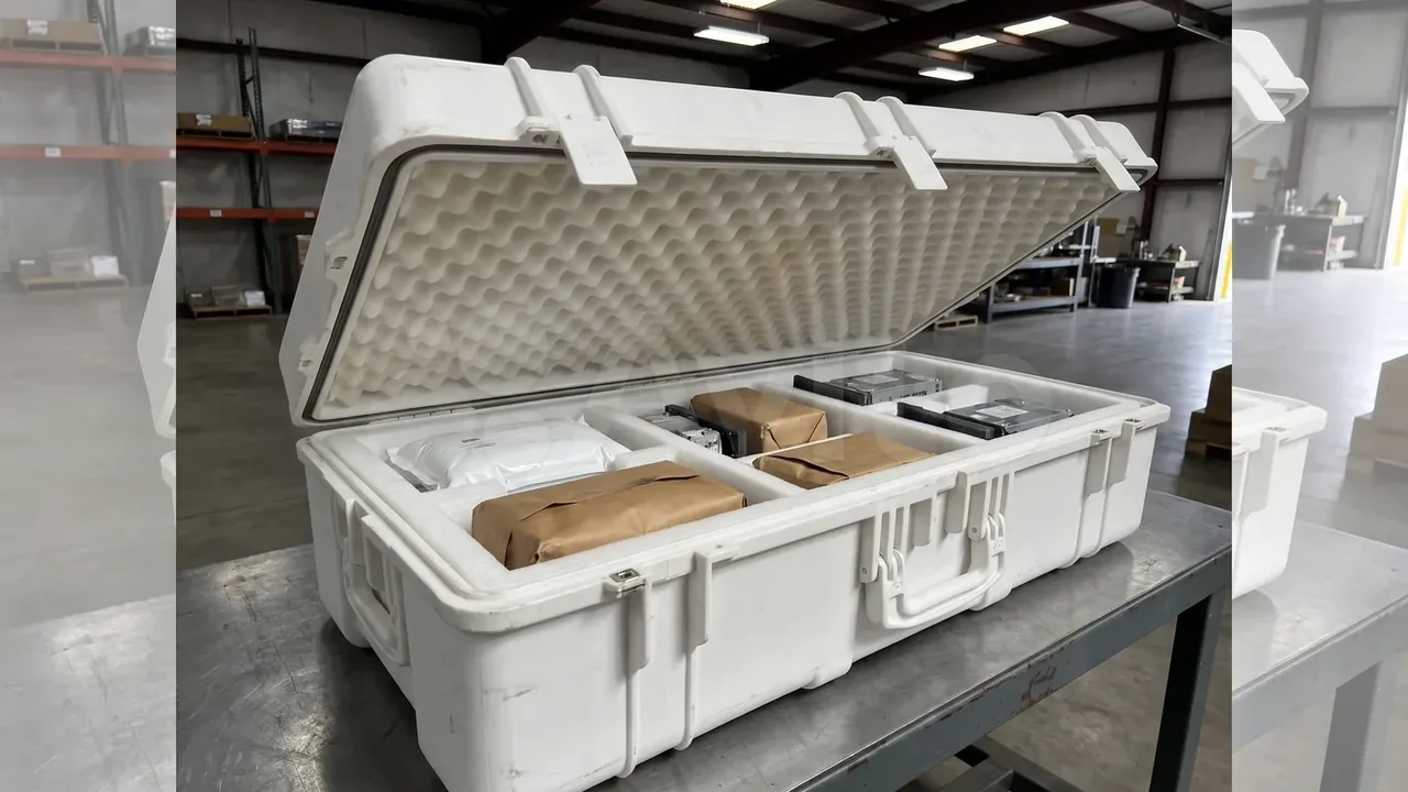 Temperature-Controlled Case: large white open case on a metal table in a warehouse aisle, divided compartments, foam lid, paper-wrapped packs
