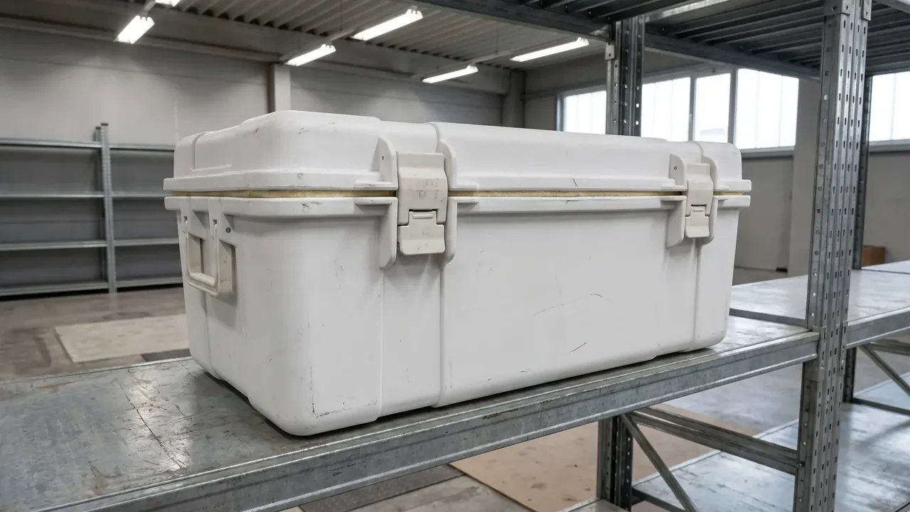 Temperature-Controlled Case: a long white case on a galvanised rack beam, two latches, moulded end handle, tan gasket line, strip lights