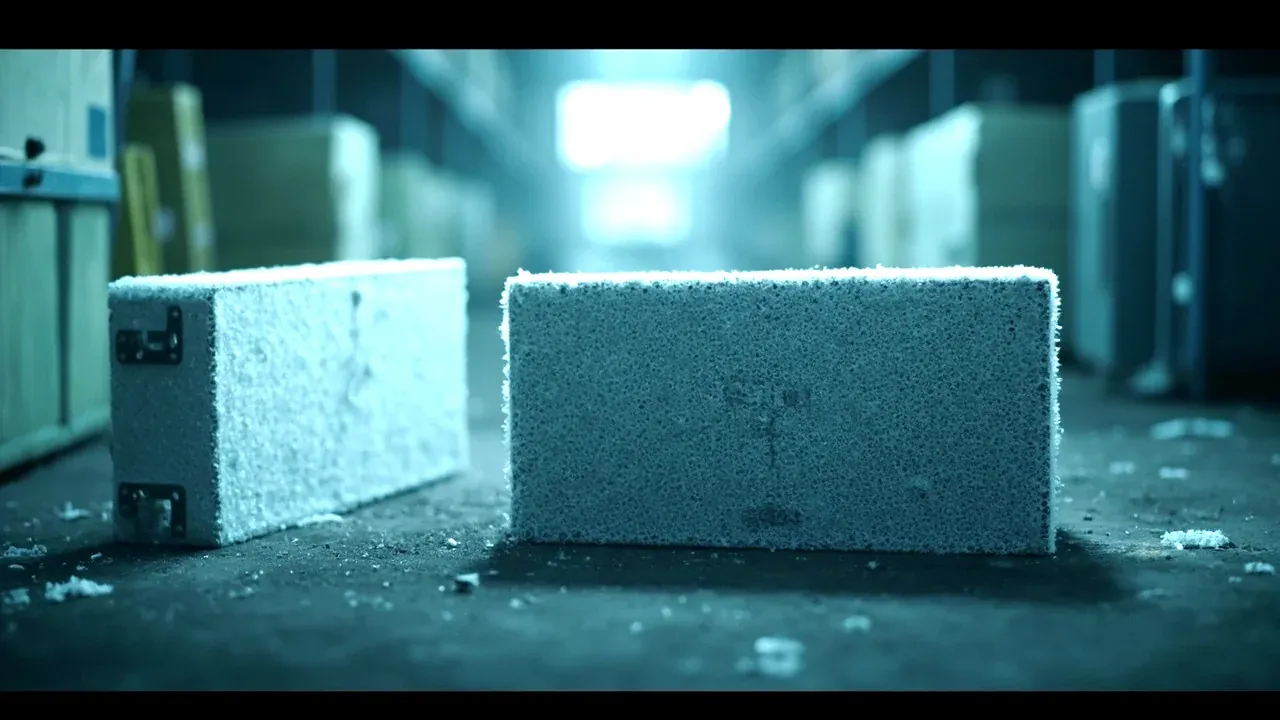 Two cases in a cold room, one frosted, one dry