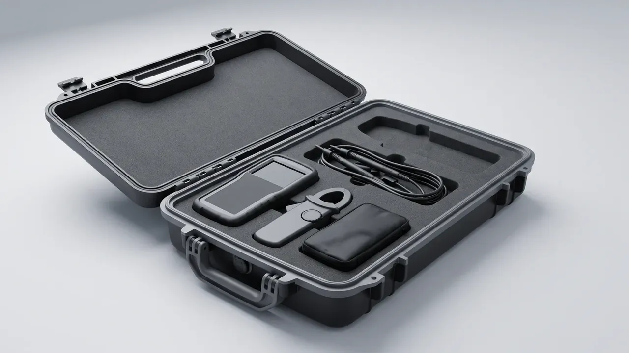 Testing Equipment Case: charcoal shell open flat, pale seal line at the rim, grey foam cut for a screen unit, round-dial probe and coiled cable