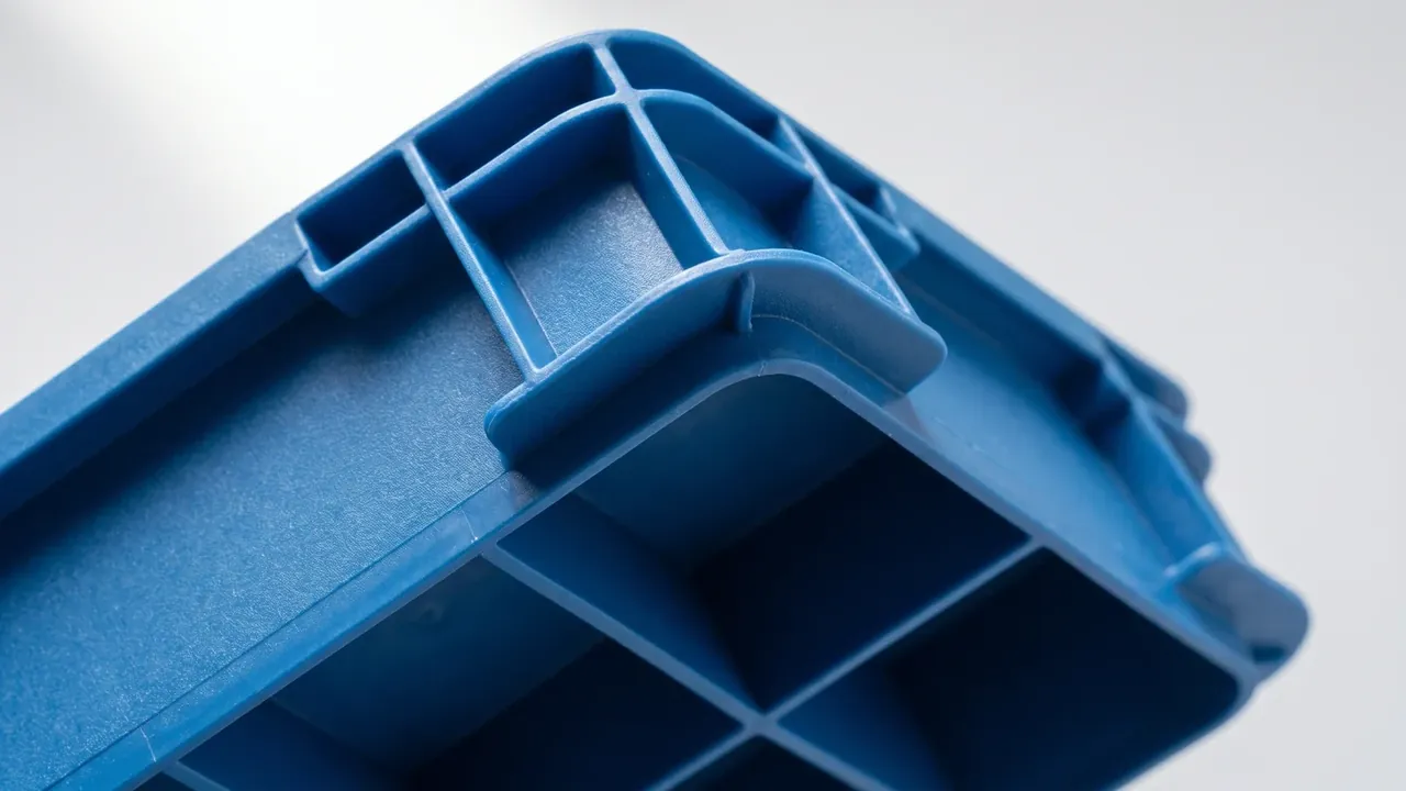 Testing kit plastic box supplier: cobalt blue case corner close up, moulded grid ribs and a curved recess in the wall, grey backdrop