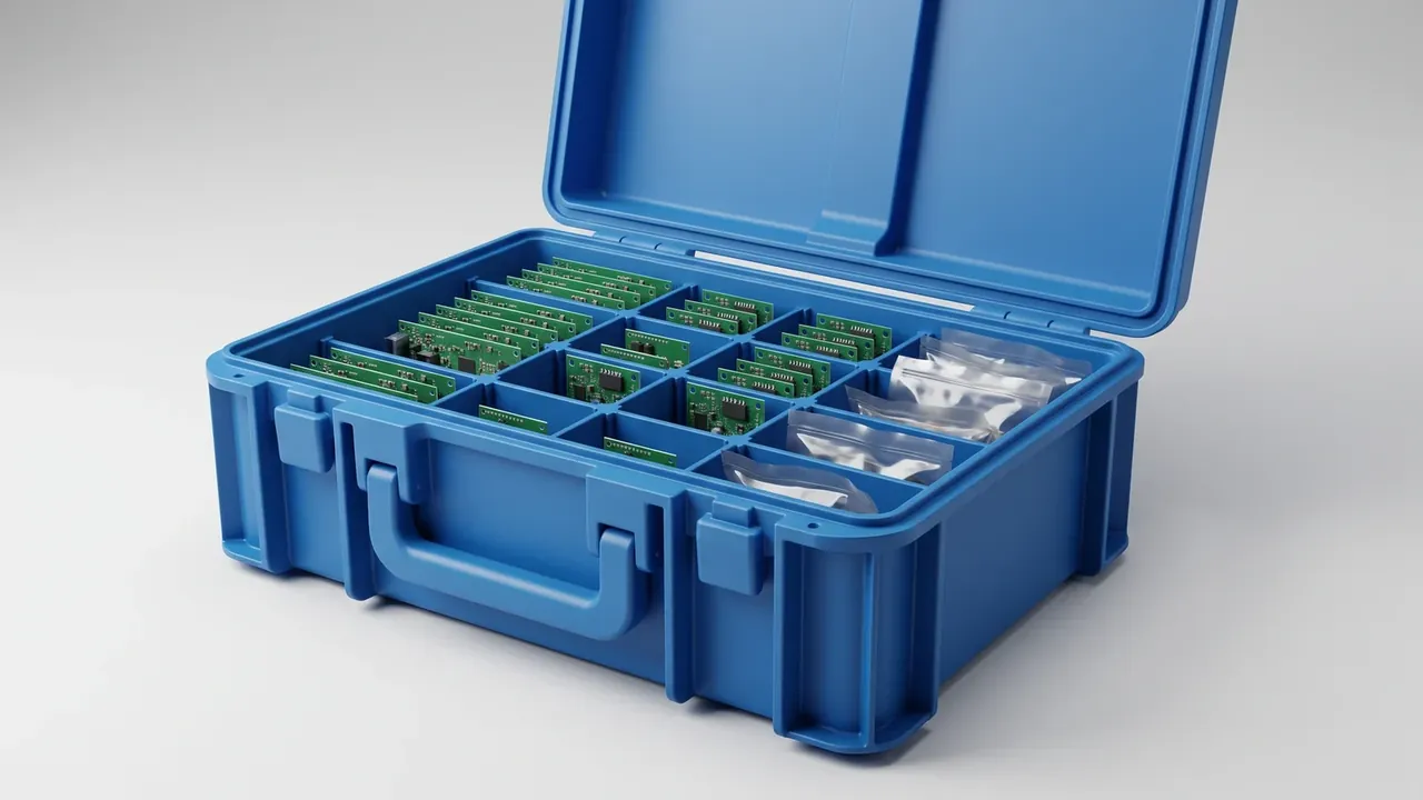 Testing kit plastic box supplier: blue case open with twelve compartments, green circuit boards in front cells, foil pouches at the rear, folding handle