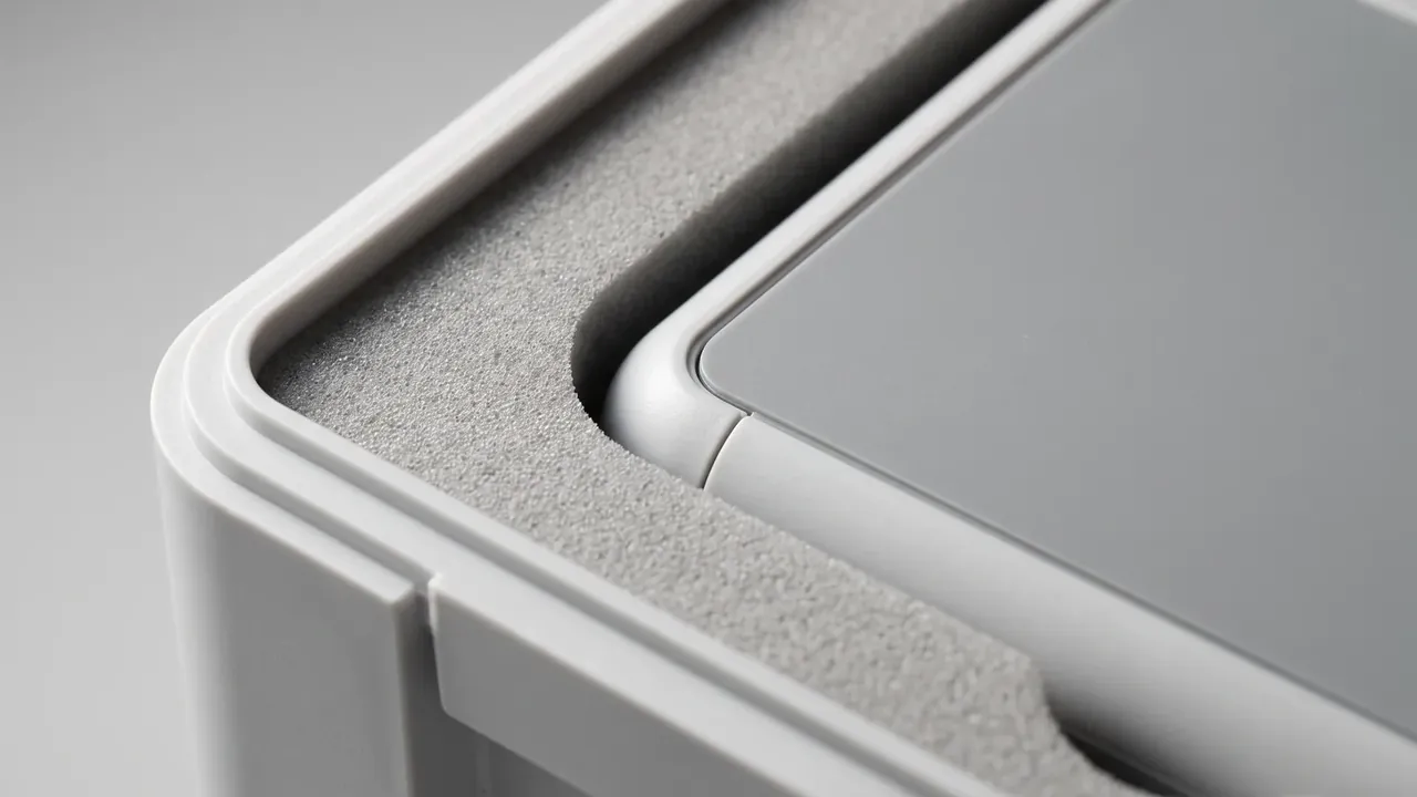 Thermal cycling: close-up of a white case rim, grey foam gasket seated in the groove beside a rounded lid lip with fine pebbled texture