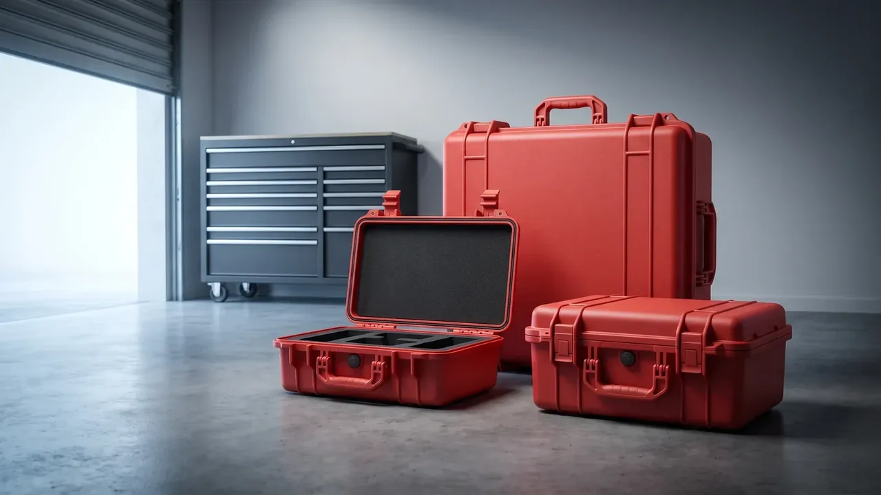 Tool Bag: workshop with a part-open roller door, grey drawer cabinet against the wall, three red cases on the floor, one open with black liner