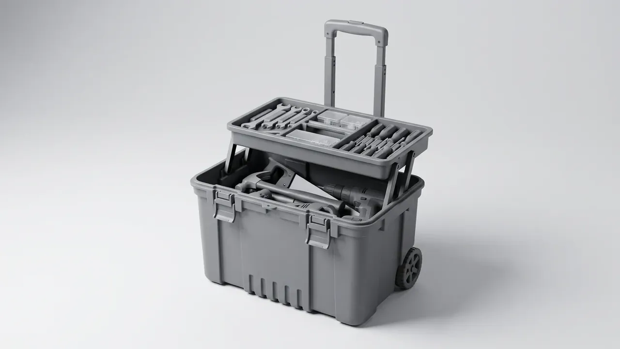 Tool Bag: a grey wheeled tool box on white, telescopic handle raised, lid open showing a wrench tray above power tools