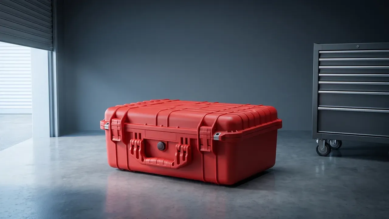 Tool Bag: closed red hard case on polished grey concrete, two latches and a centre handle, daylight from a roller shutter left, black cabinet right