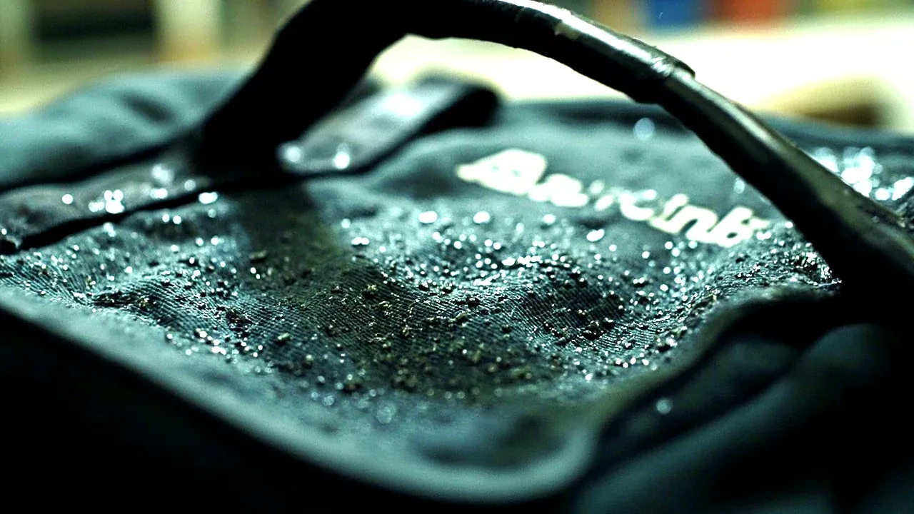 Close-up of a coated fabric tool bag surface with water beading on it