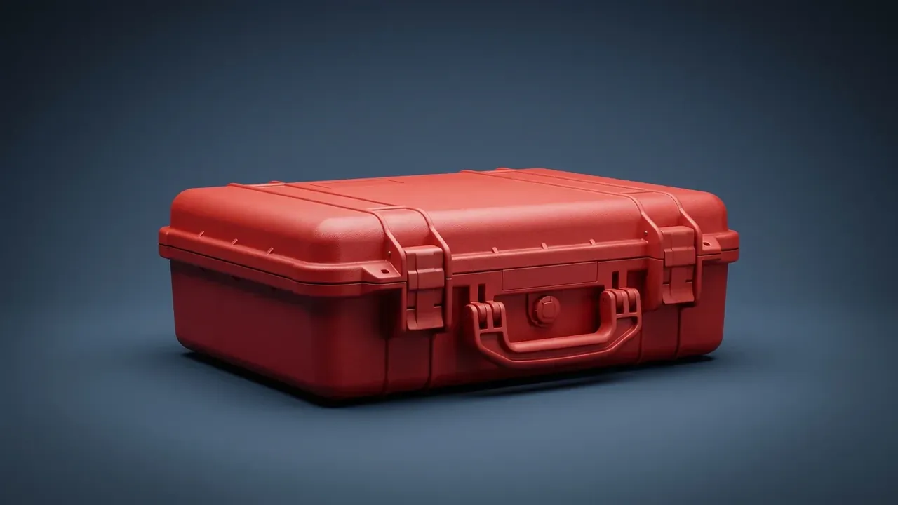 Tool Bag: all-red moulded body closed against a deep blue backdrop, folded handle flat at centre front, one same-colour latch each side.