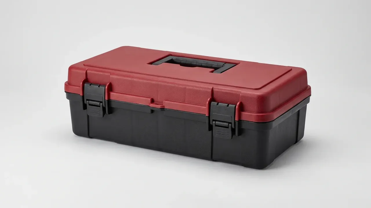 Tool Bag: red lid on black body, two black plastic draw latches at the front, folded handle sunk in a long lid recess.