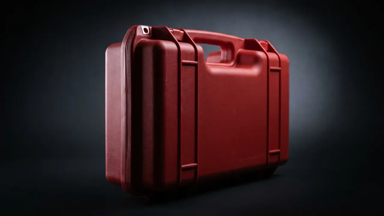 Tool Bag: a red case standing on its side, handle up, metal eyelet at the top corner, plain front face, black backdrop