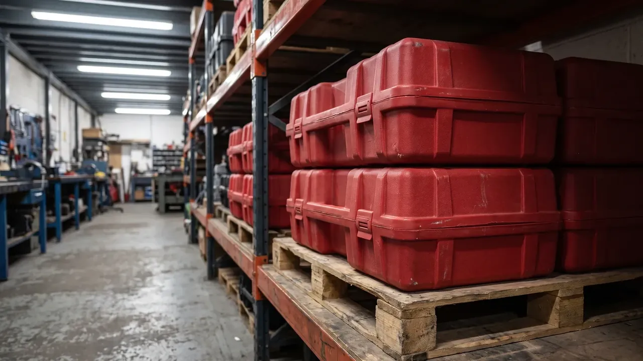 Tool Bag: orange warehouse racking holding red hard cases two high on timber pallets, concrete floor, strip lights, blue benches behind