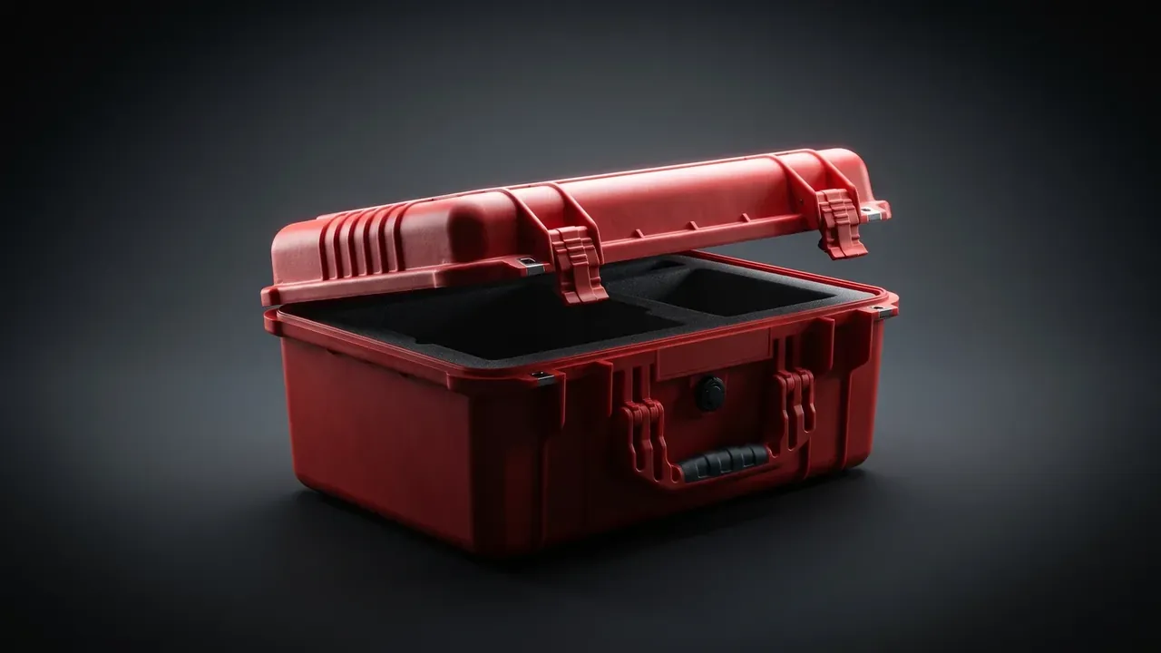 Tool Bag: red hard case standing open on a dark backdrop, black foam compartments inside, two front latches, a round lock and corner ribs