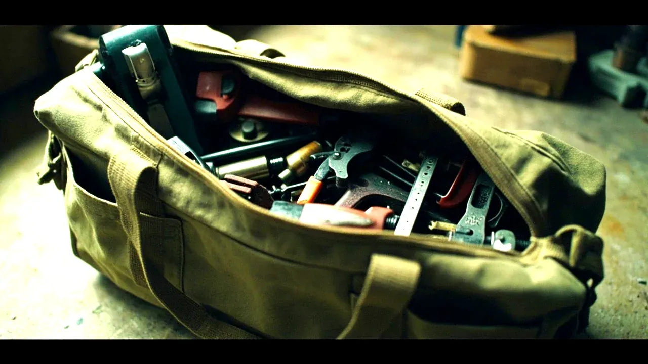 An open canvas tool bag with tools spilling over each other in a single compartment