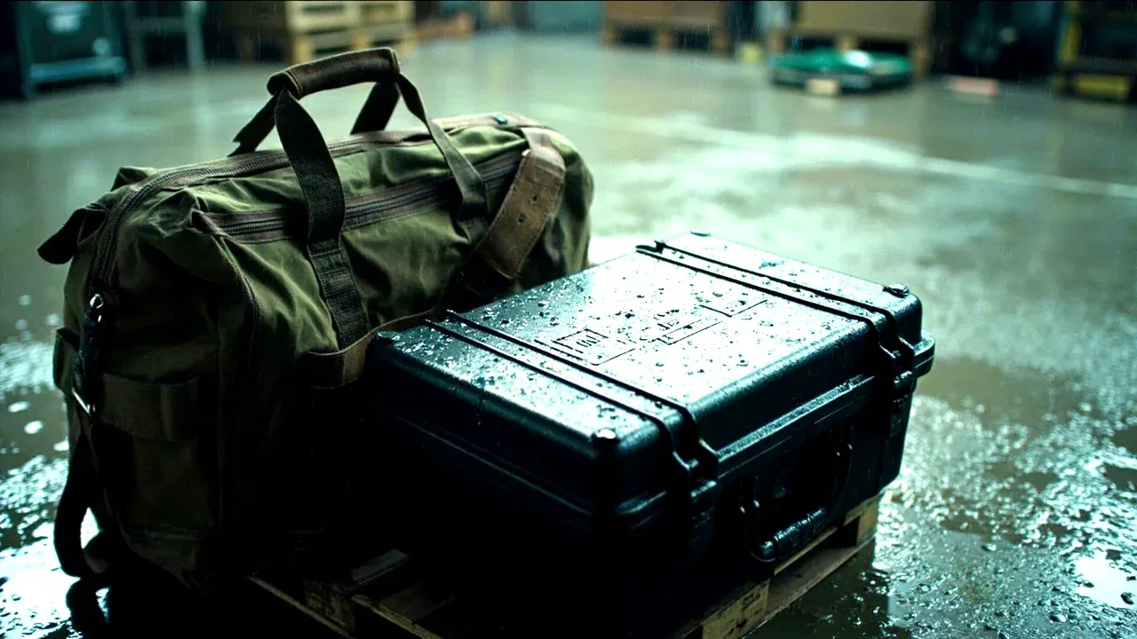 A tool bag and a hard case both exposed to rain on a pallet, water beading on the case