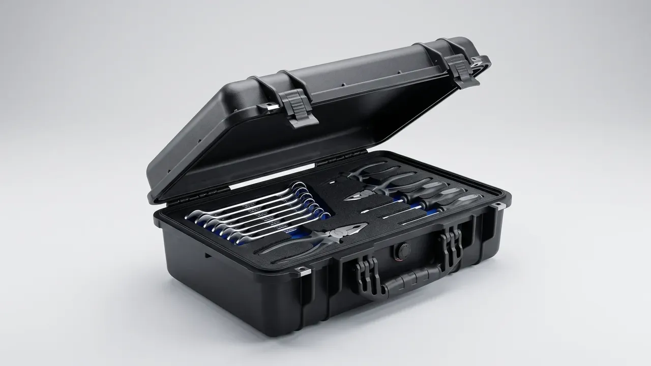 Tool Box: a black hard case open on pale grey, black foam in the lid, slotted base foam holding wrenches, pliers and drivers