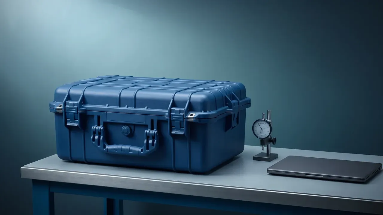Tool Box: a closed blue moulded case on a table, lid held by two latches, folding handle down, vertical ribs along the side wall