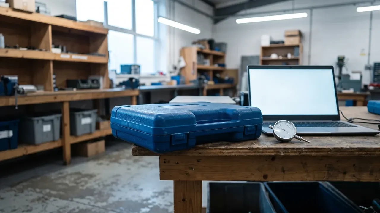 Tool Box: two closed blue moulded cases on a workshop bench, one latch on the front face, a dial gauge beside them