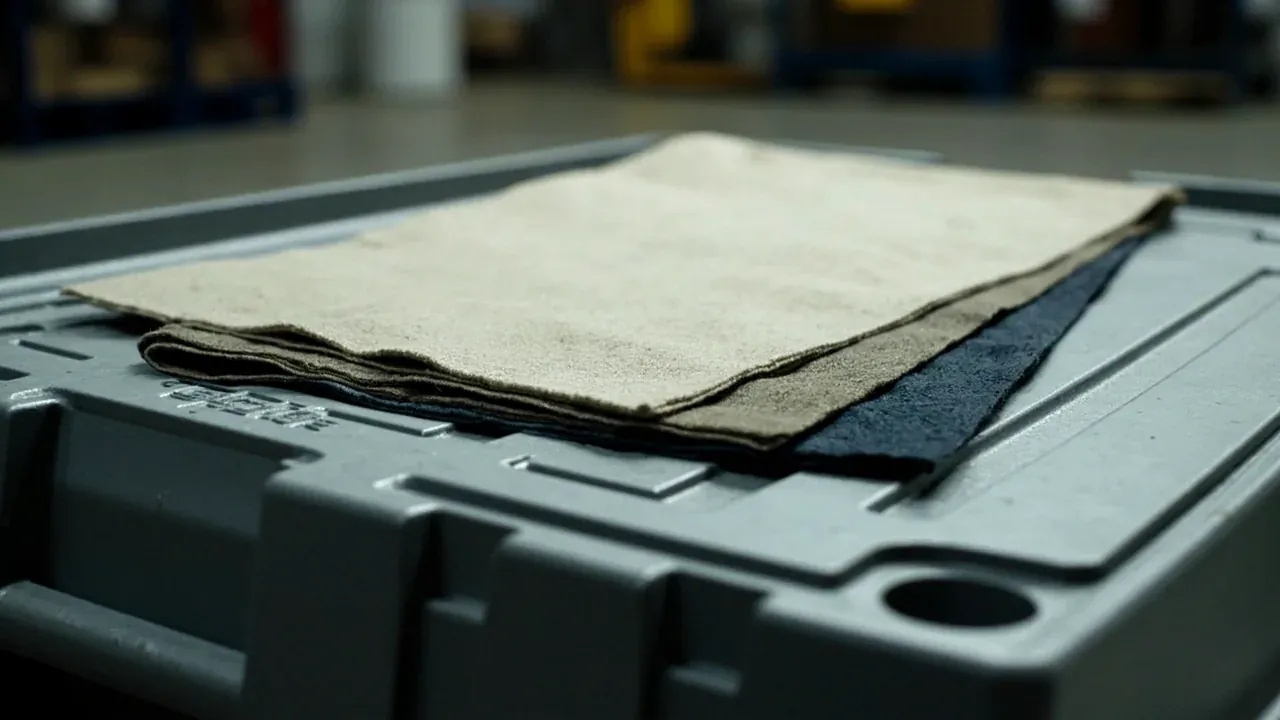 Three cover samples laid out on a tool box lid