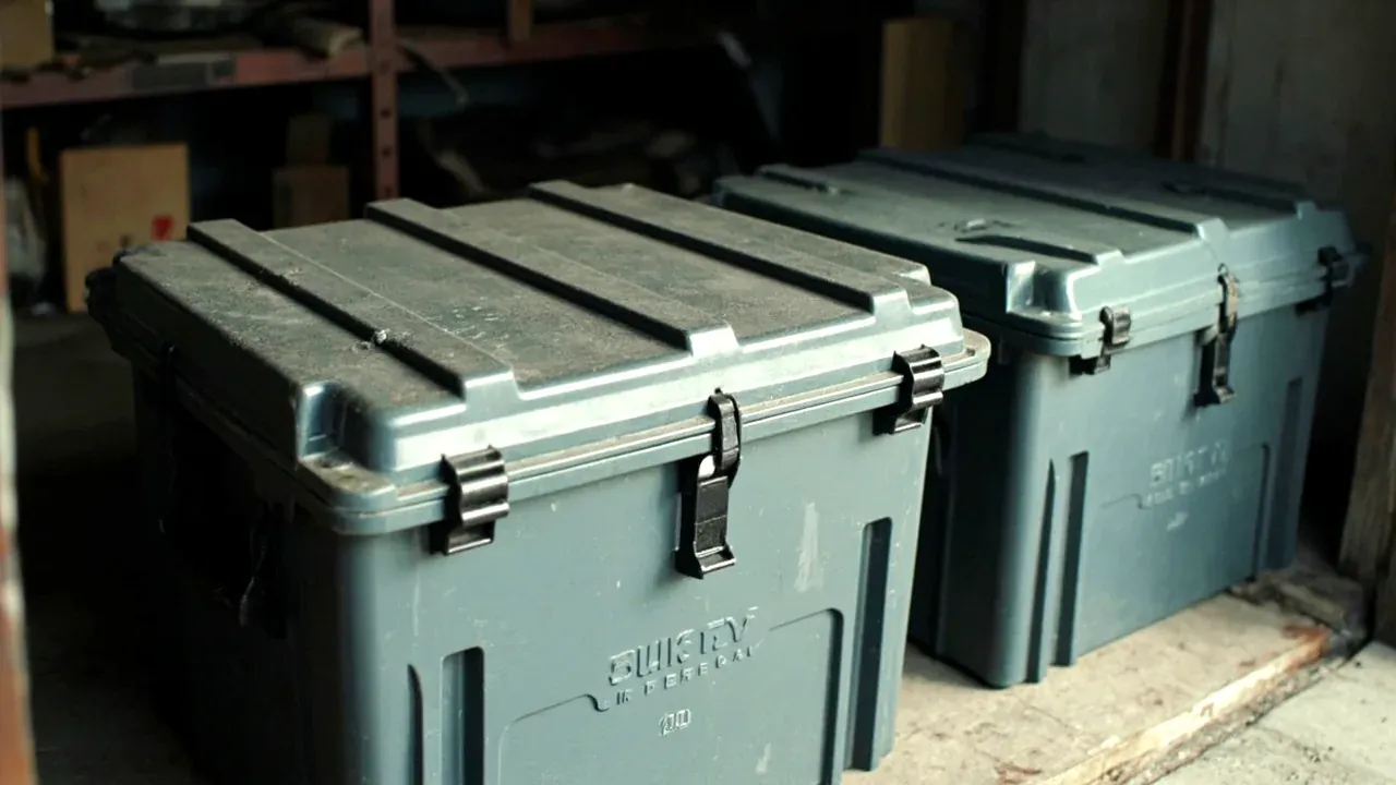 Two covered tool boxes stacked under a shelter