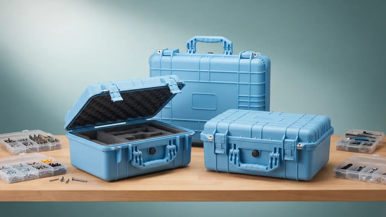 Tool Box Cover: three light blue covers on a pale bench, the left open showing egg crate foam, with clear parts boxes and screws beside