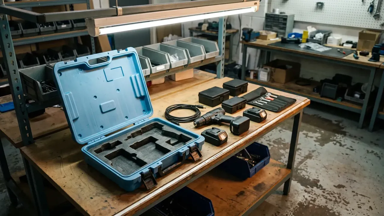 Tool Box Lid: open blue case standing on a long workshop table, ribbed inner lid and black foam inside, drill and batteries beside it, shelving and bins behind