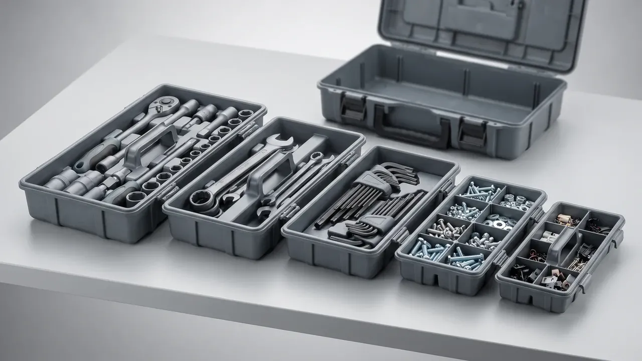 Tool Box Lid: grey lid fully open behind five grey trays of sockets, wrenches, hex keys and screws