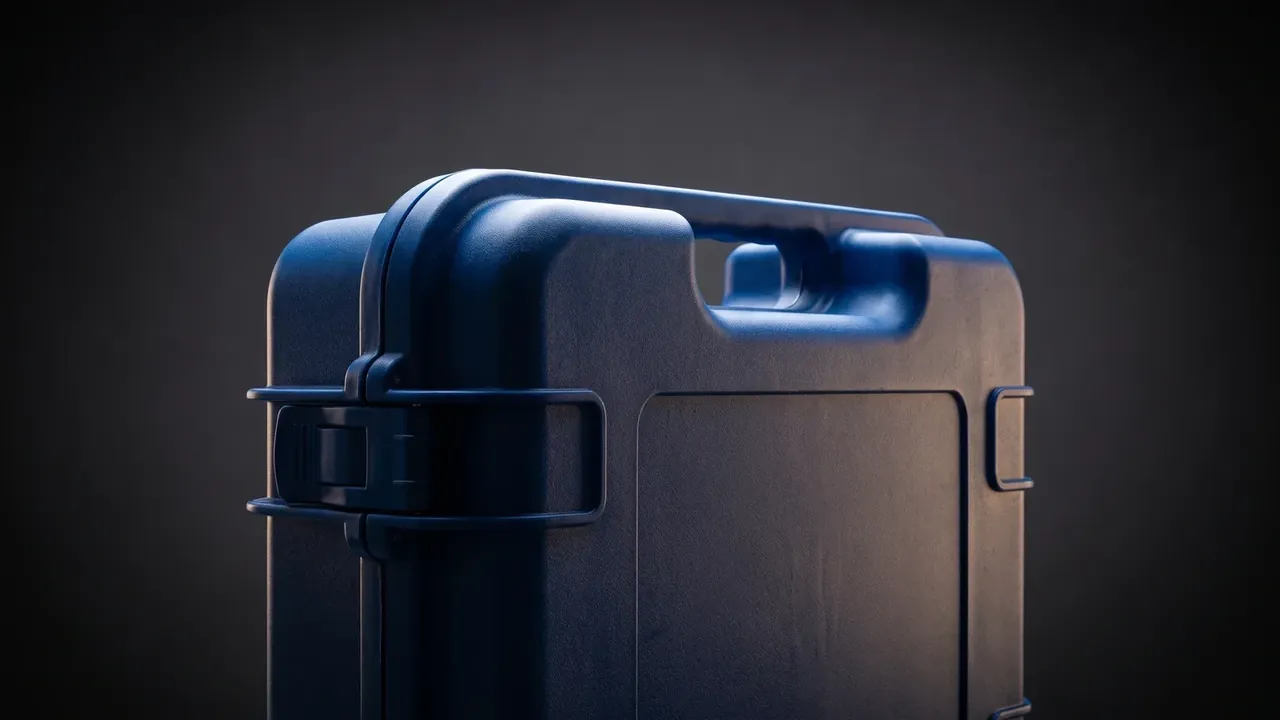 Tool Box: close view of a blue rotomoulded case, moulded handle and two latches closed, ribs on the corner