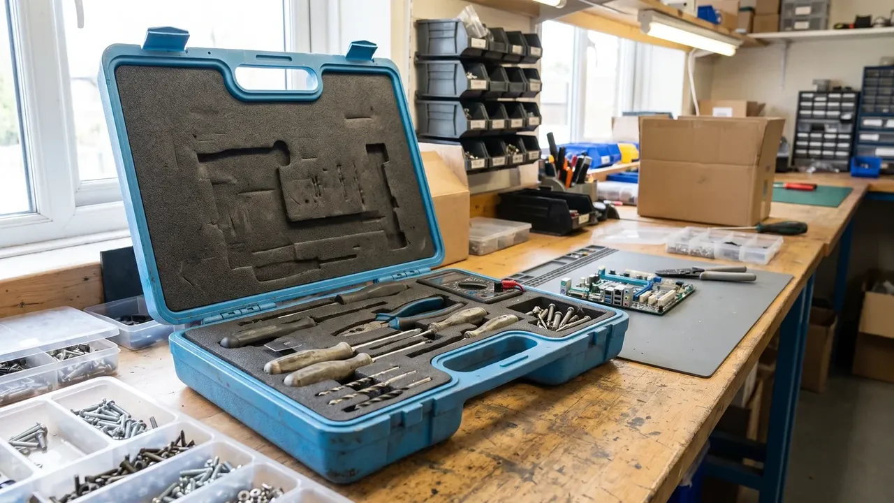 Tool Box Organizer: a blue case open on an electronics bench, grey foam cut into the lid and tool-shaped recesses in the base