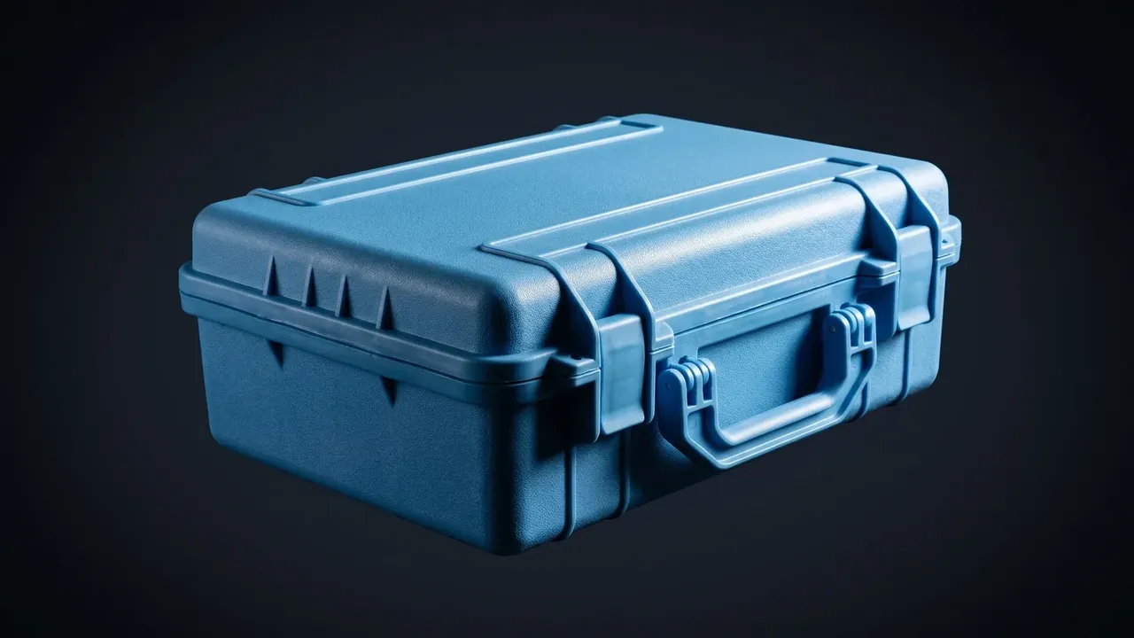 Tool Box Organizer: a dark blue hard case lit from the side, a row of triangular ribs along the lid edge, latches closed