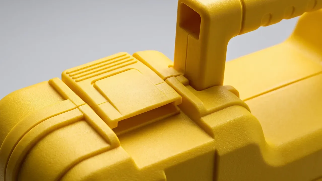Tool Box: close view of a yellow case top, the latch tongue in its keeper, three thin ribs above, handle root moulded into the body