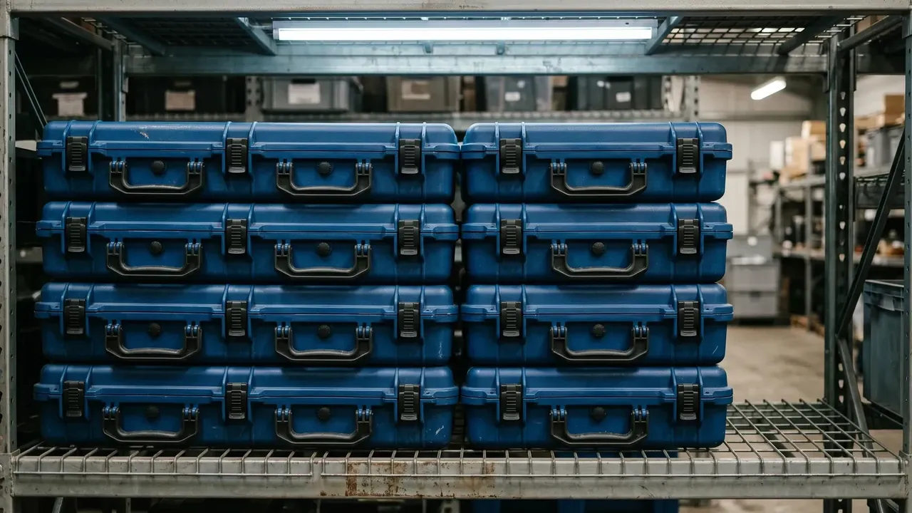 Tool Box: two tiers of grey shelving holding four dark blue rotomoulded cases each, black latches closed, more cases behind