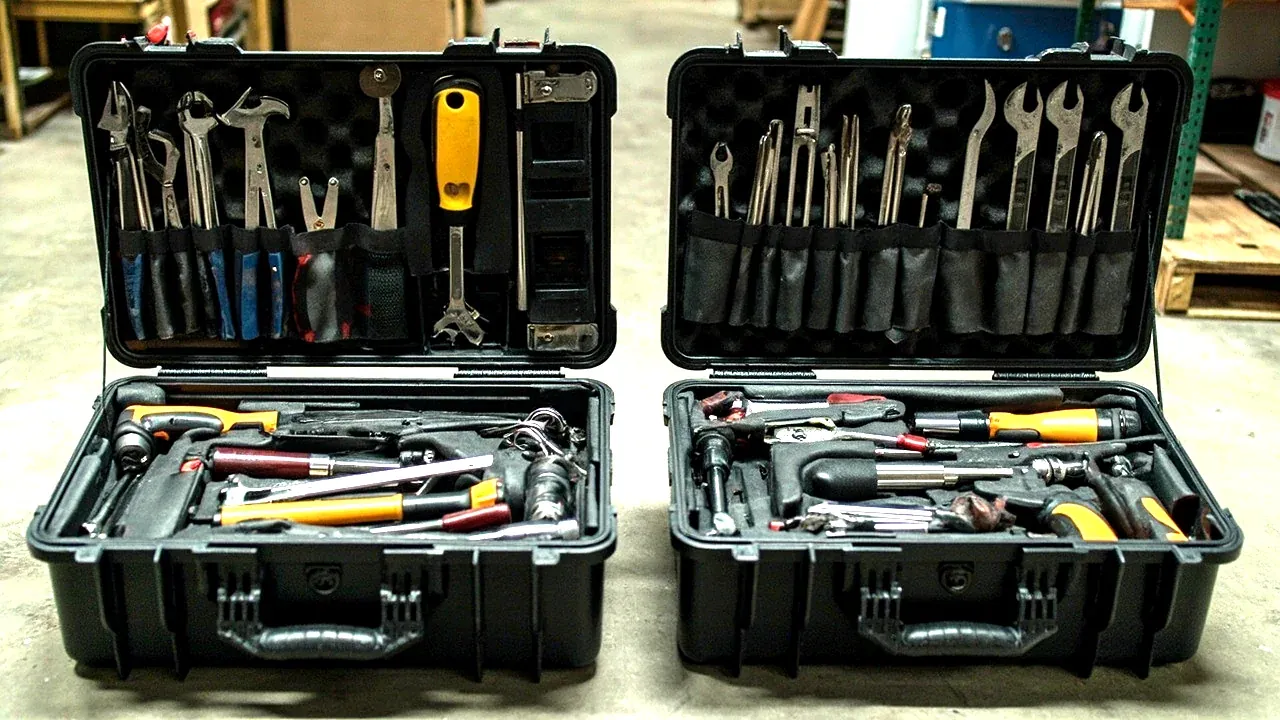 An open hard box and an open tool bag holding the same set of tools, side by side