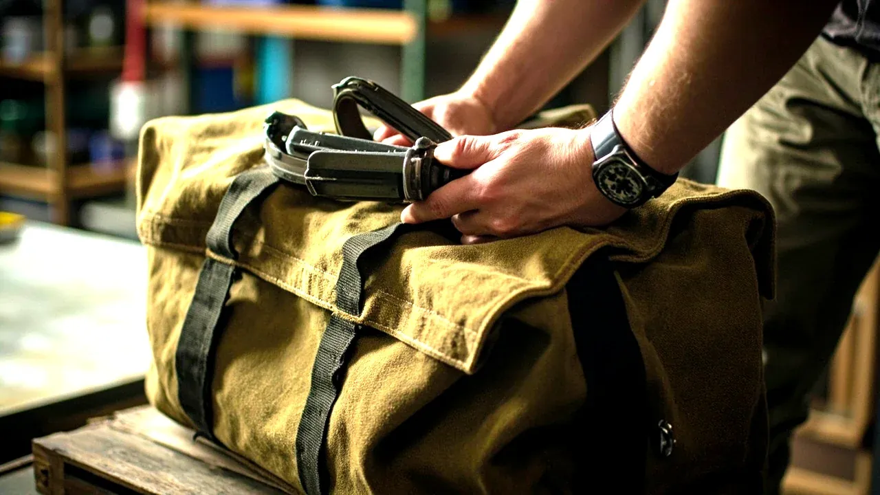 Close-up of a canvas bag base seam and a hard box moulded base edge, two load paths