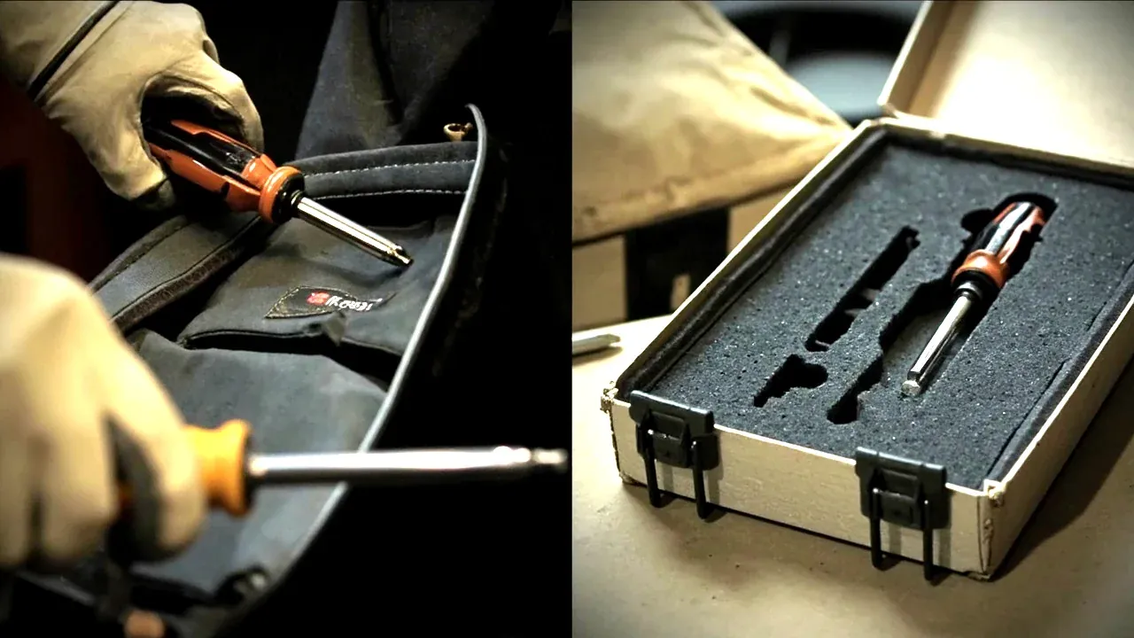 A gloved hand taking a screwdriver from a bag versus the same screwdriver seated in foam cut-out