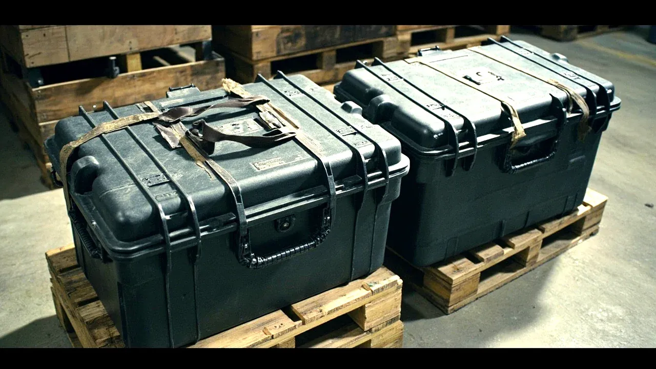 Hard case, tool bag and tool chest strapped on a pallet for shipment