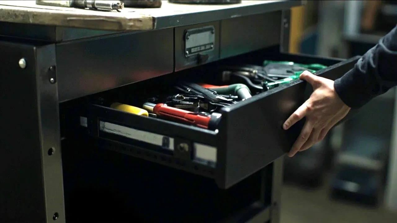 A tool carrier parked at a workstation with a drawer-style tray pulled out
