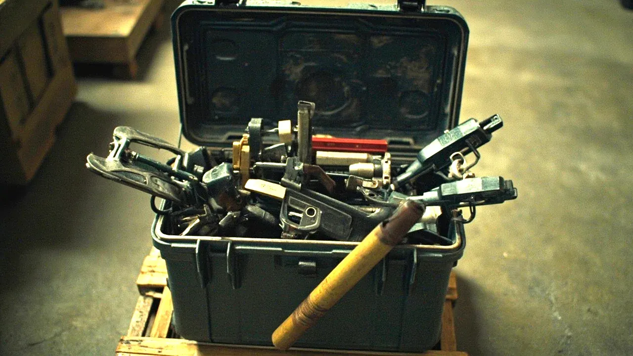 A tool carrier loaded with a full day's tools, lid closed, standing on a pallet