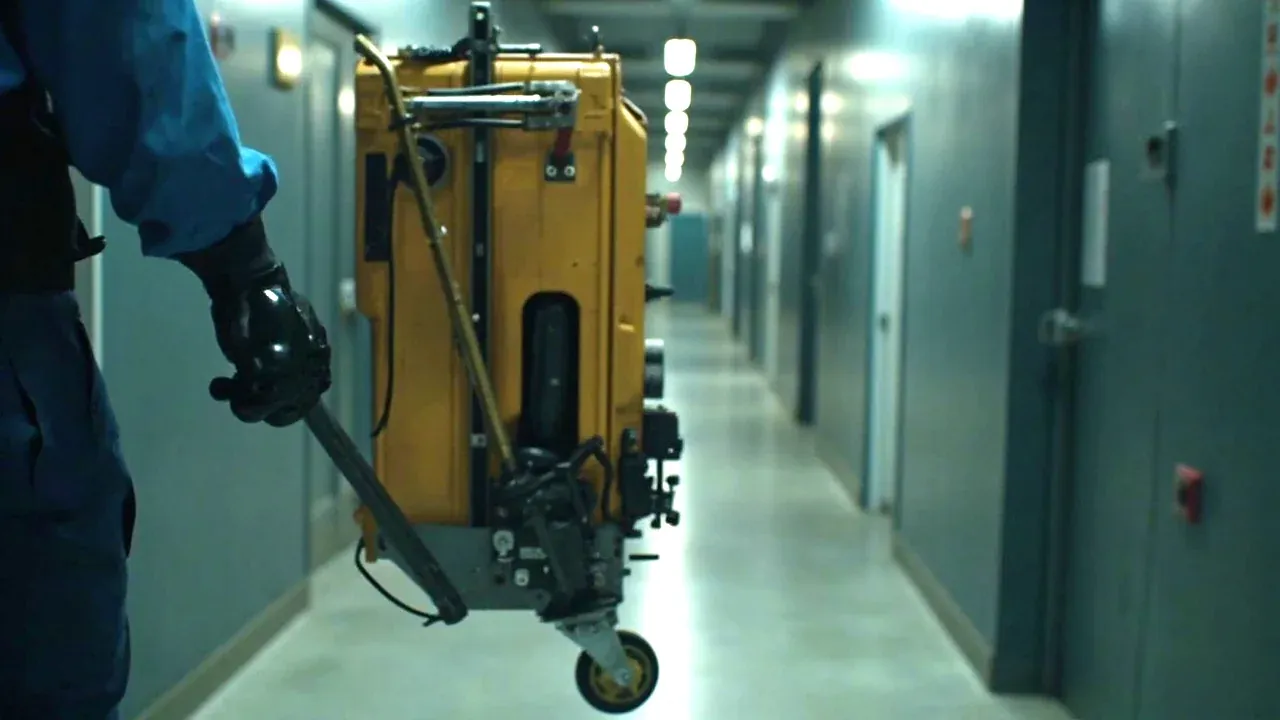 A gloved hand pushing a wheeled tool carrier along a corridor