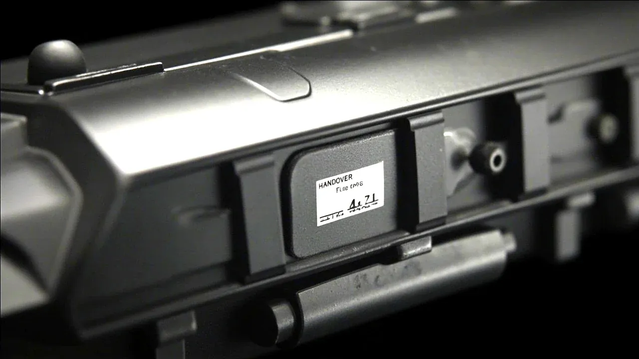 Close-up of a tool carrier with a handover tag holder and two latches