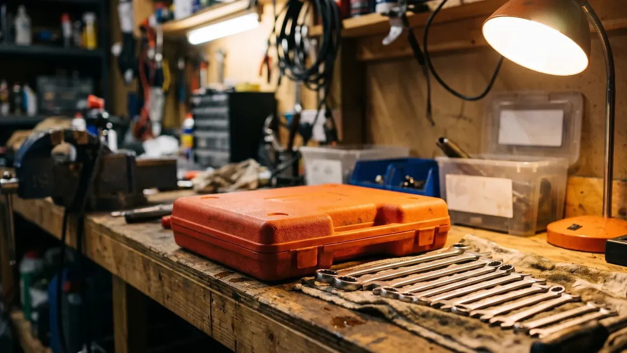 Tool Carrier: closed orange case on a worn wooden bench, two red front latches, open-end wrenches laid on cloth beside it, cluttered workshop behind