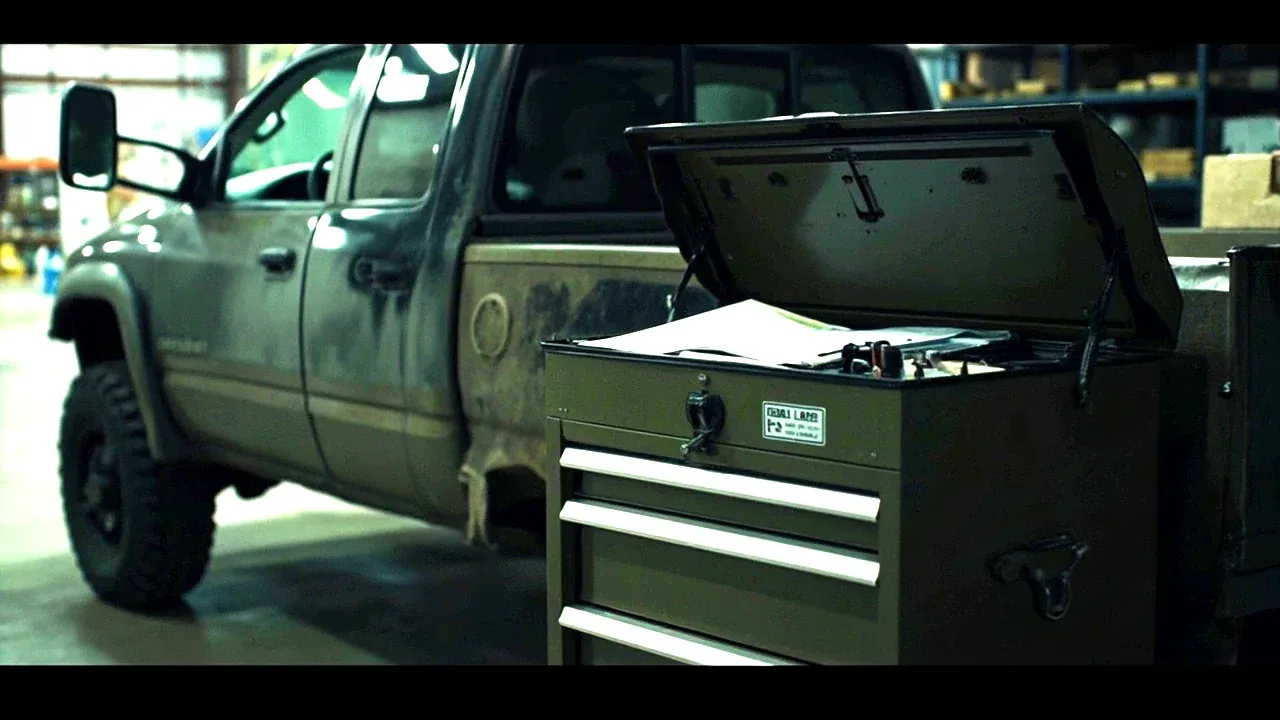 A tool chest parked at a field repair bay, lid open with tools and manuals on top