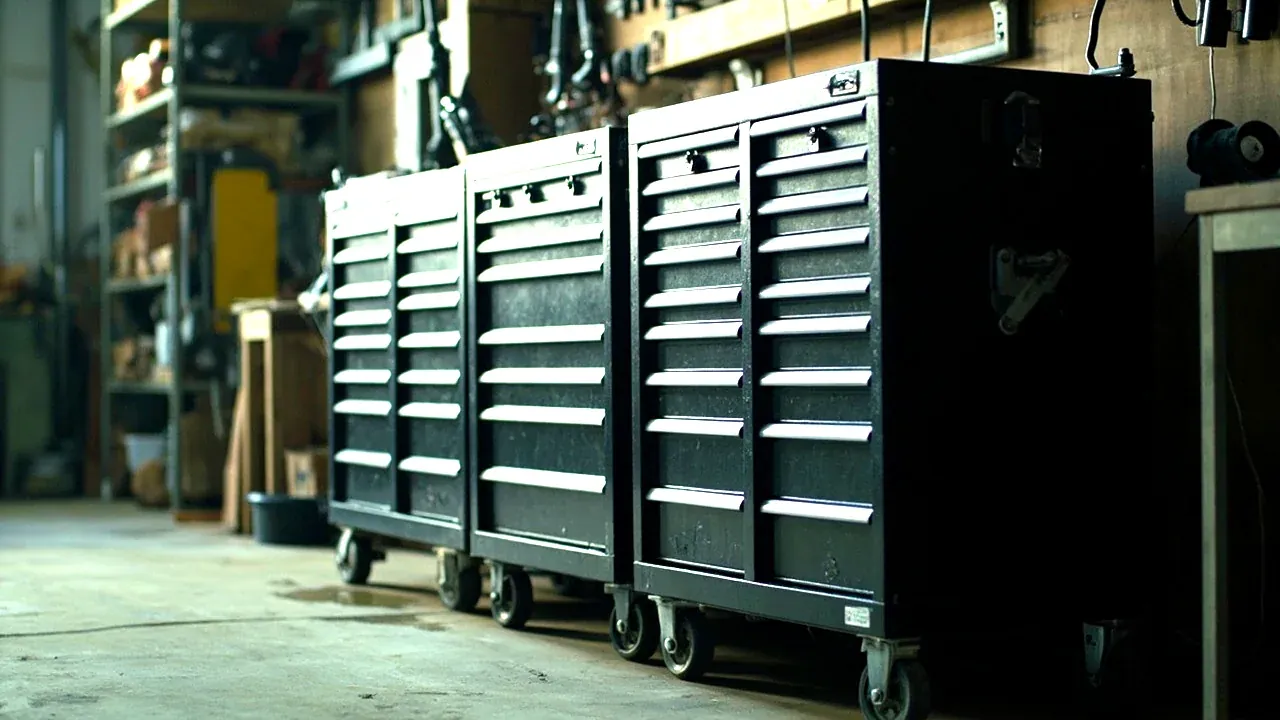 Two tool chests side by side along a workshop wall, all drawers closed