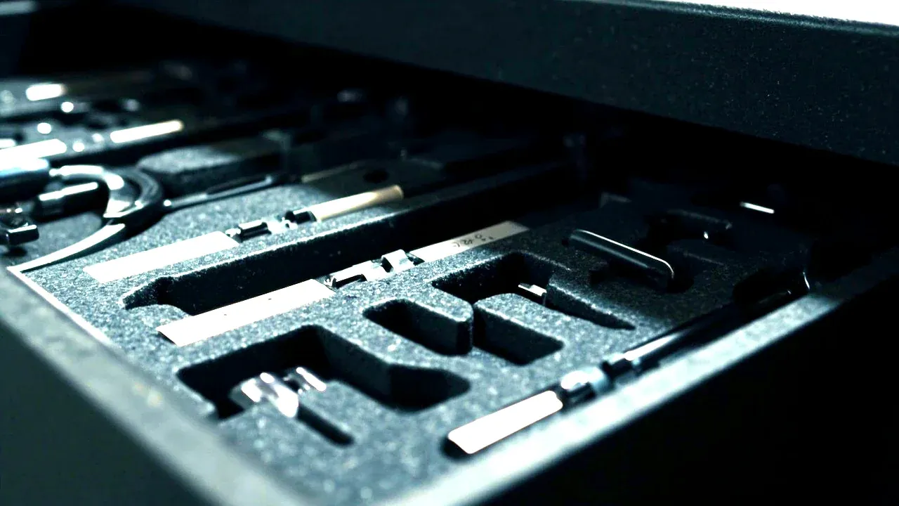 Close-up of a tool chest drawer with foam inserts holding precision measuring instruments