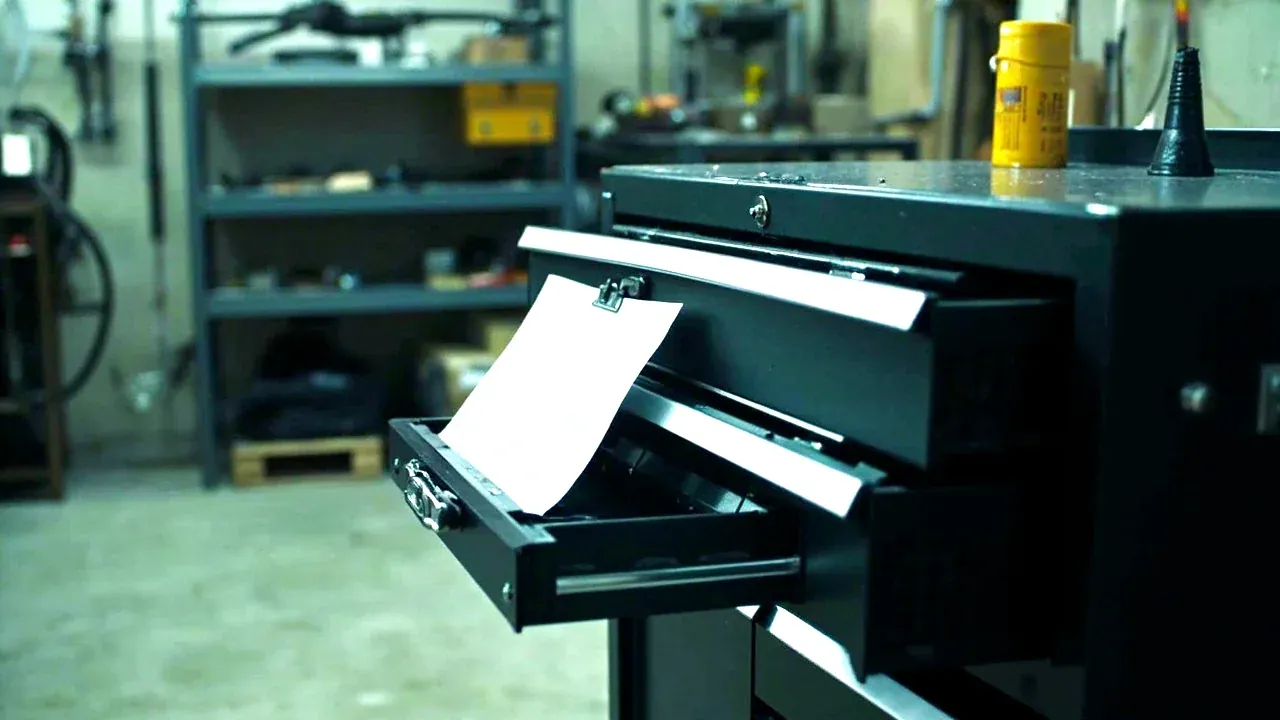 A tool chest with a folded inspection sheet clipped to the drawer front in a tidy bay
