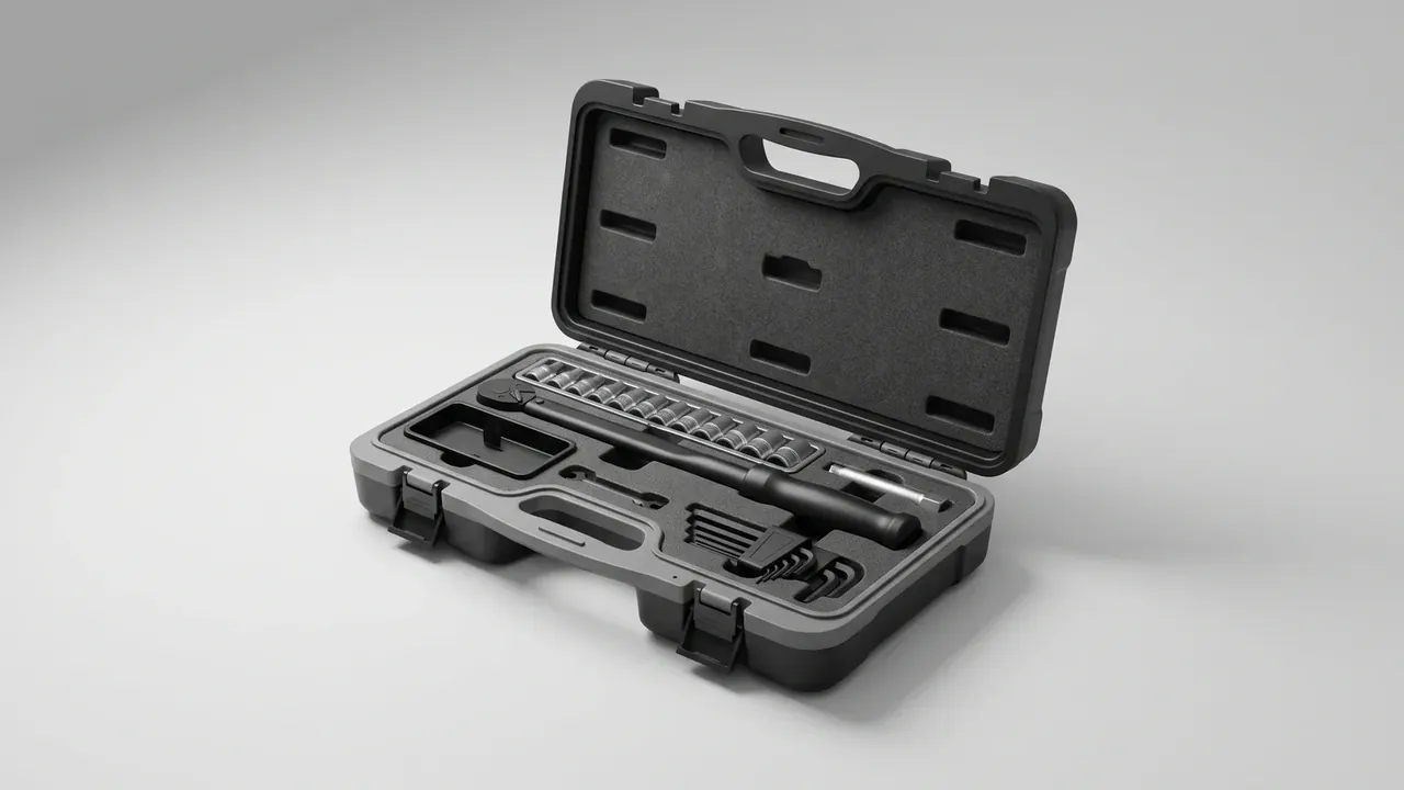 Tool Chest: two-tone case open, foam lid, black foam holding chrome sockets, a long handle and hex keys, two latches