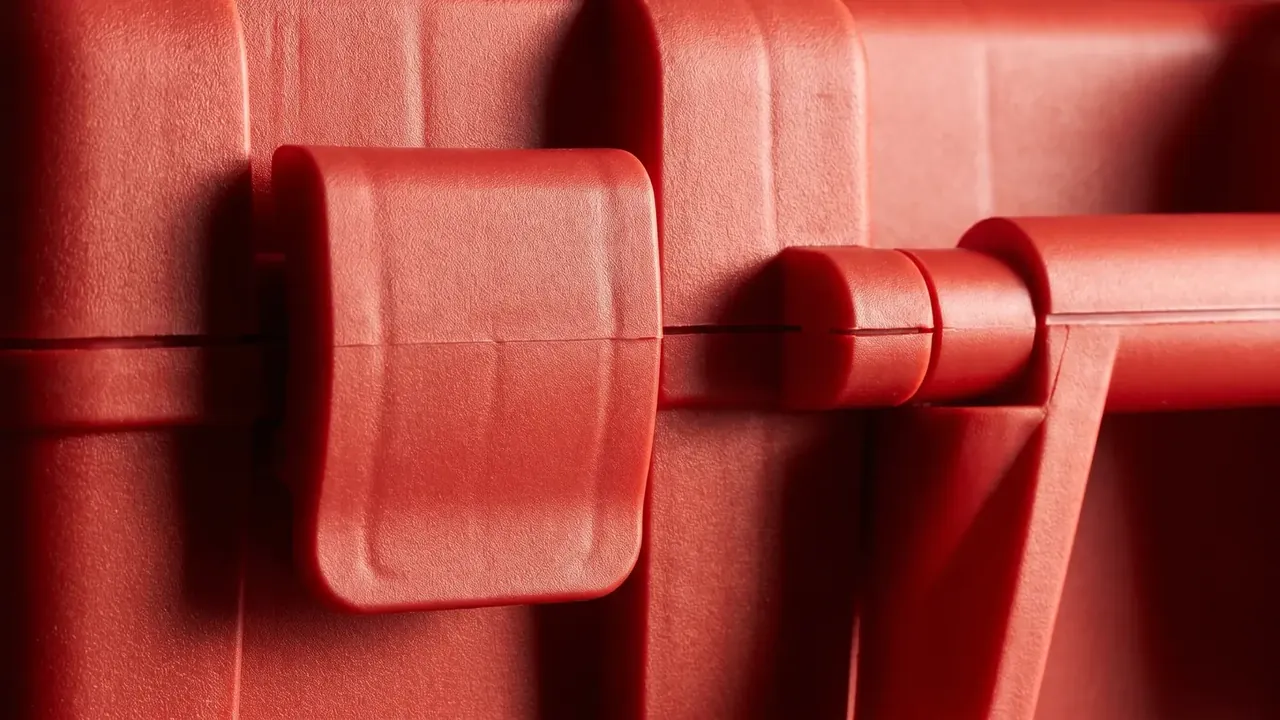 Tool Chest: close-up of a red case parting line, a wide flat latch on the left and a cylindrical hinge along the seam, pebbled texture