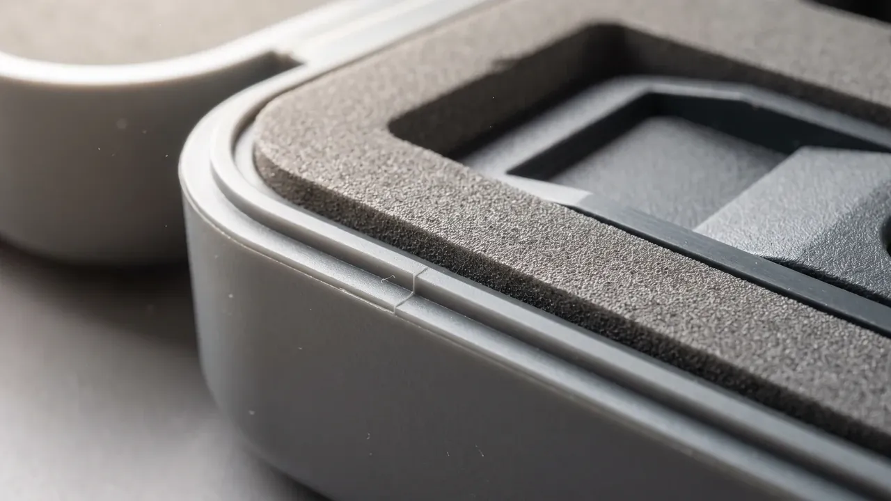 Tool Chest: close-up of a grey case corner, black gasket seated in the rim groove, two foam layers with a square cutout
